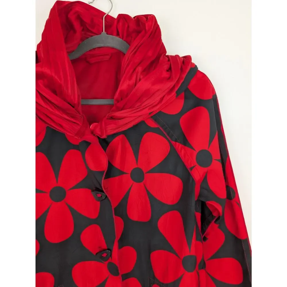 UBU Raincoat Reversible Pleated Floral Hooded Spring Fall Quirky Red Size S